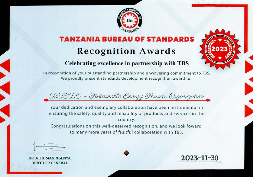 Certificate of recognition from TBS